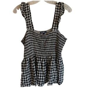 Freshman Womens XXL Gingham Ruffled Tank Top Flutter Sleeve Scrunch Peasant